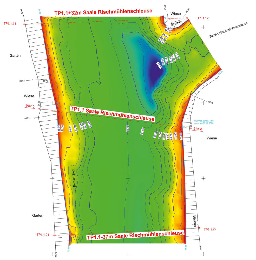 Plan of the depth contour of the river Saale in the crossing area before the start of construction